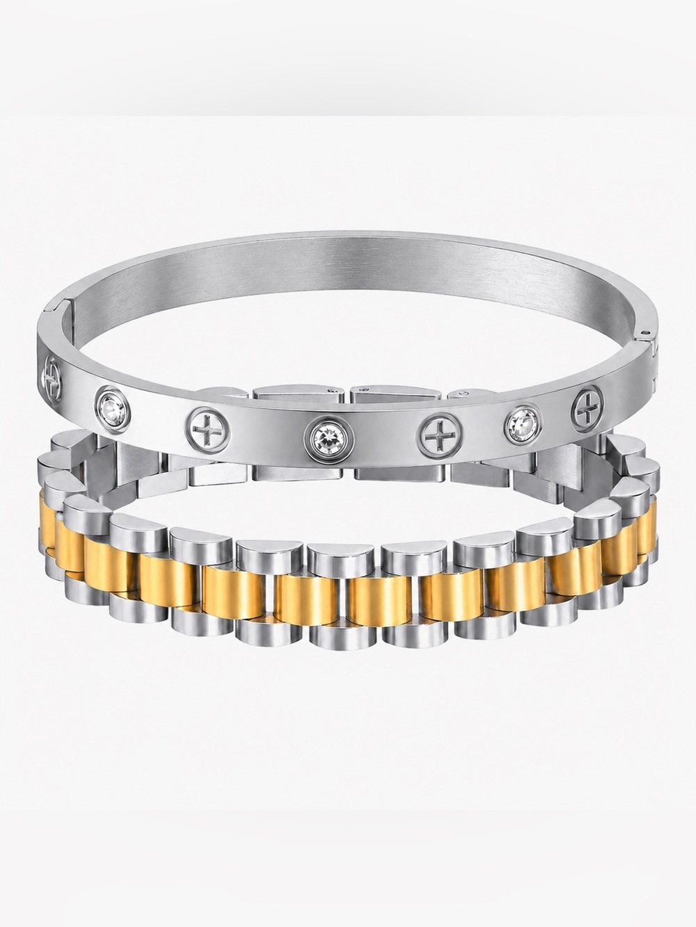 2-Piece Luxury Inspired Stainless Steel Bracelet Set Silver CZ Bangle 🩶🧡